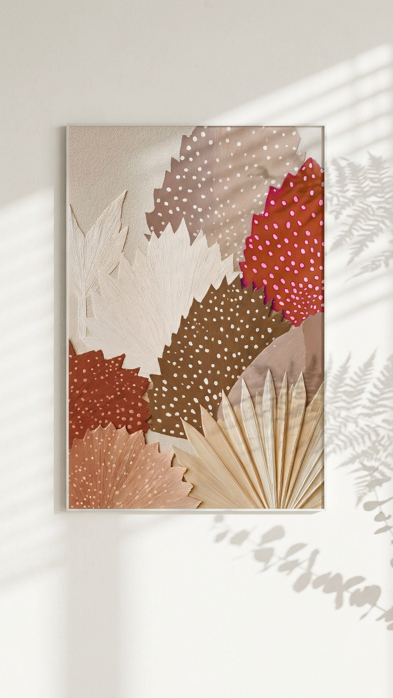 Ethereal & Serene Palm Leaves Collage Art | Burnt Sienna & Beige Tones | Earthy, textured, serene artwork | Gift for Cat Lovers | Digital Download