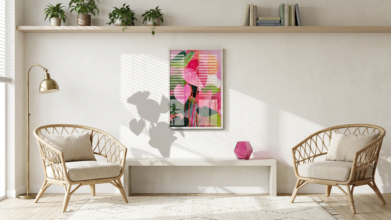 Fuchsia & Jade Pink Caladium Leaves Painting | Botanical Style | Sunlit Conservatory Decor | Digital Download