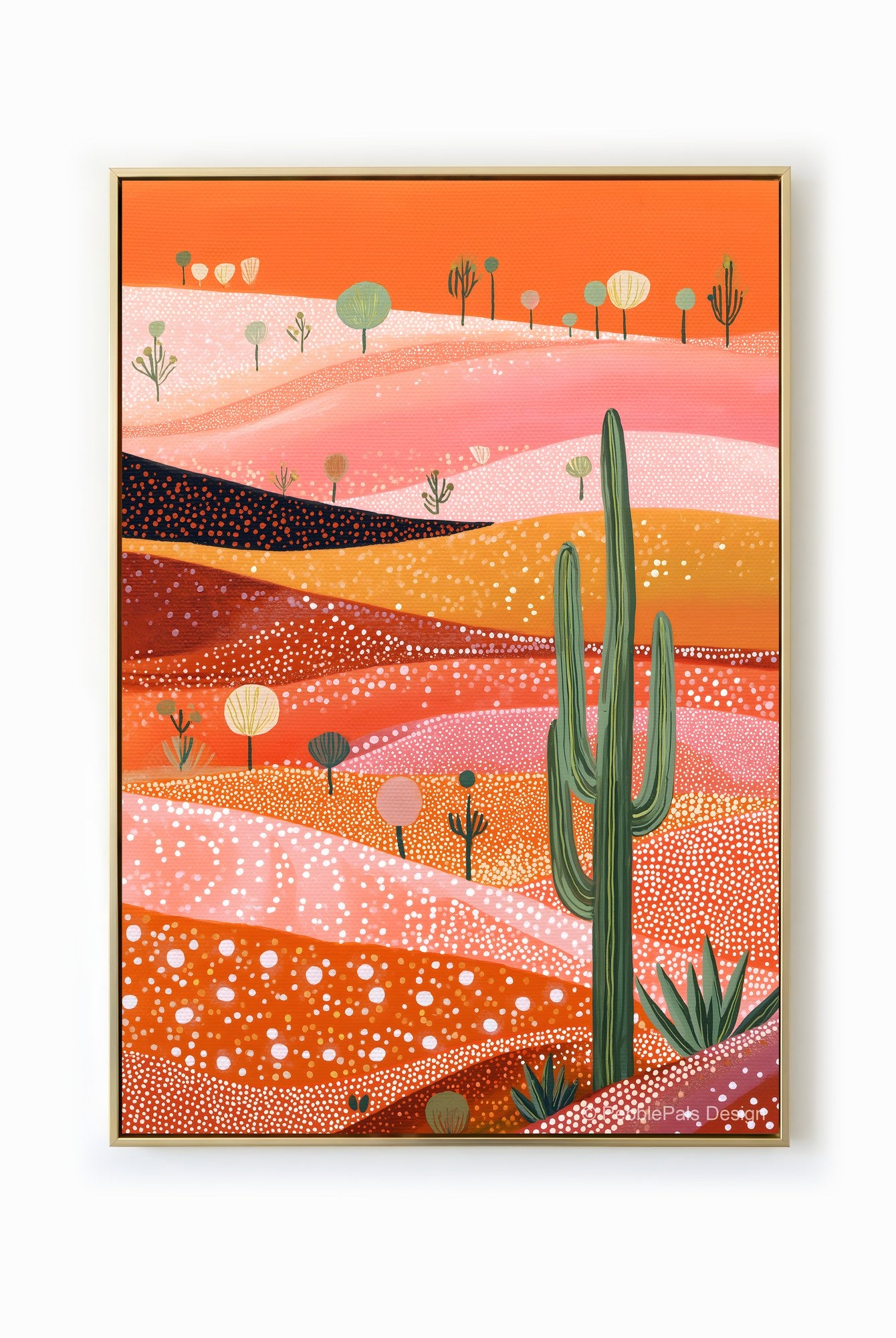 Naive painting of a desert landscape with cacti, rendered in ethereal sunset colors.