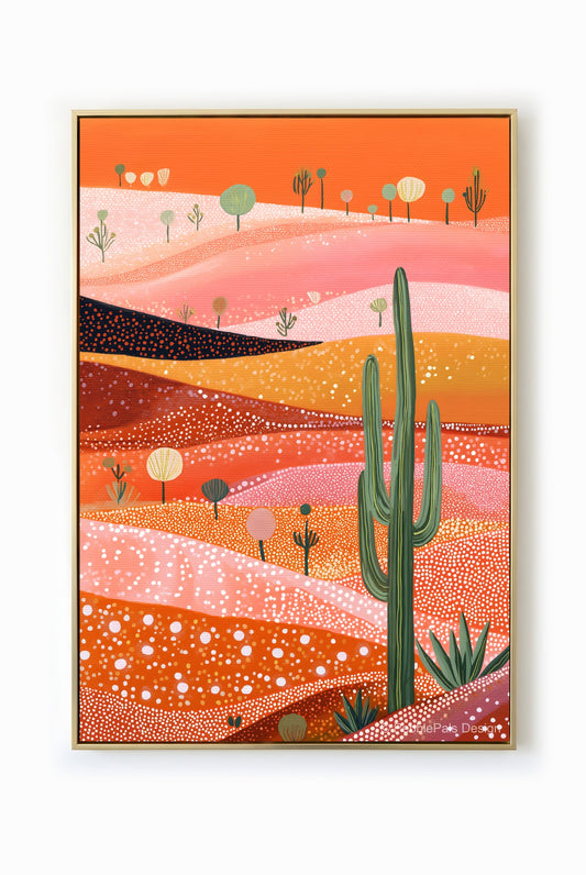 Naive painting of a desert landscape with cacti, rendered in ethereal sunset colors.