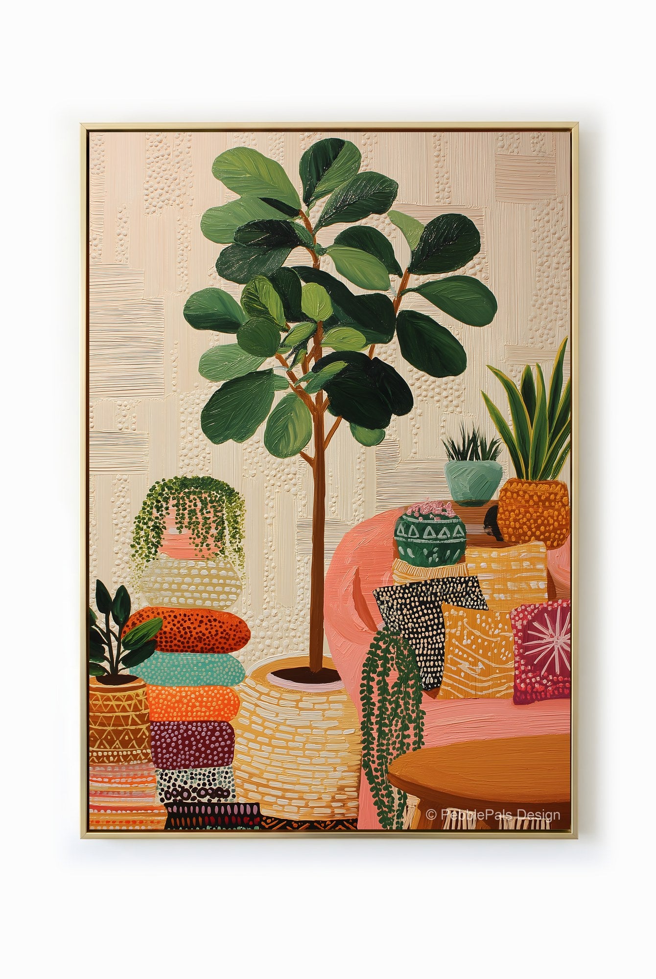 A naive painting of a fiddle-leaf fig surrounded by colorful pots and textiles in a sunlit living room.