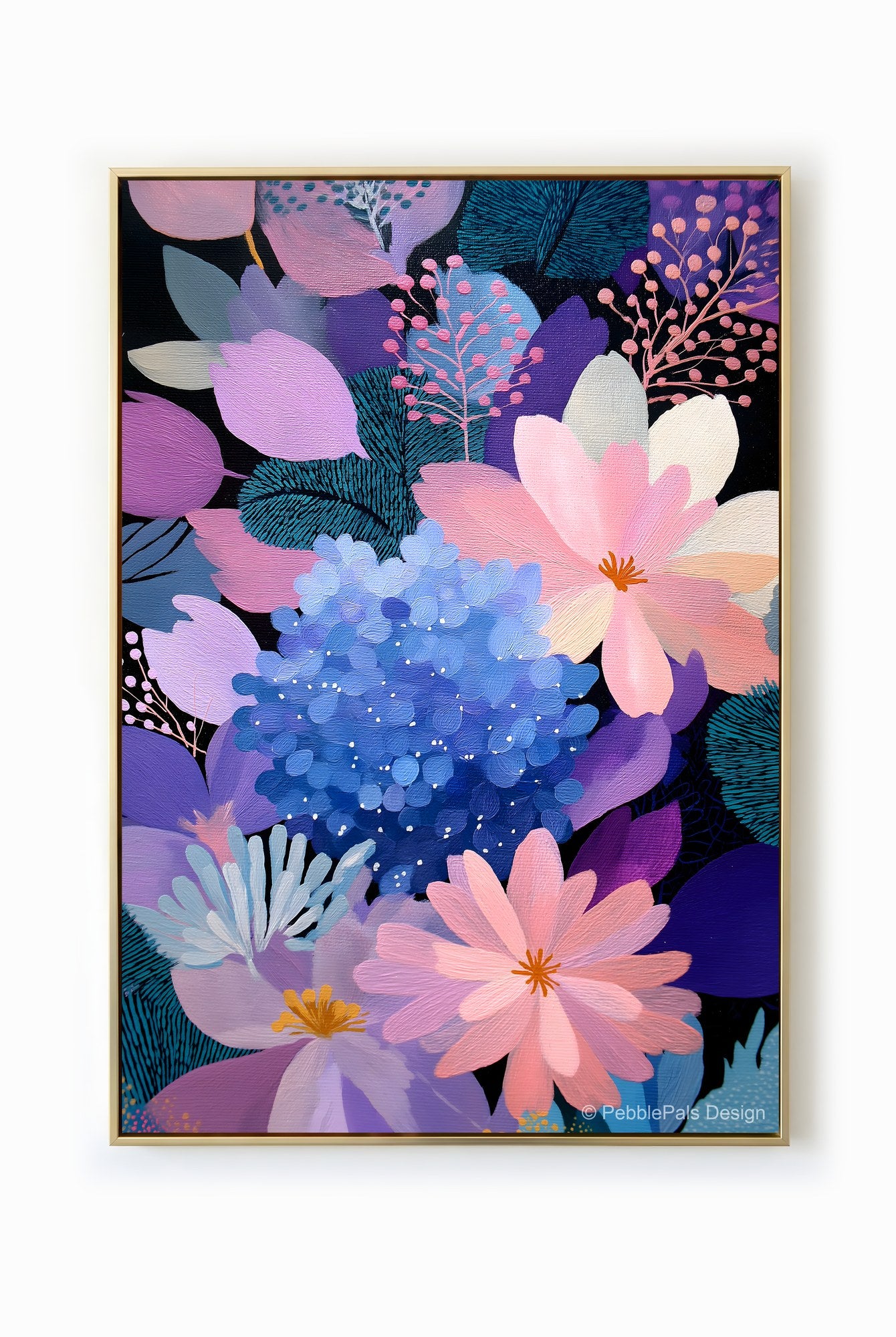A vibrant contemporary painting featuring an array of pink, purple, and blue abstract flowers against a dark background, creating an ethereal and uplifting atmosphere.