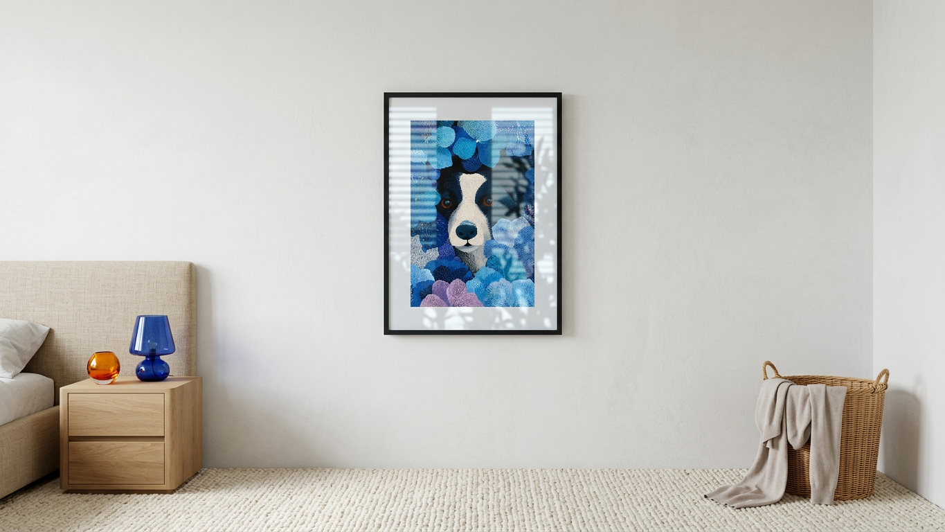Cobalt & Lavender Border Collie in Blooms Painting | Illustrative Style | Serene Bedroom Decor | Digital Download