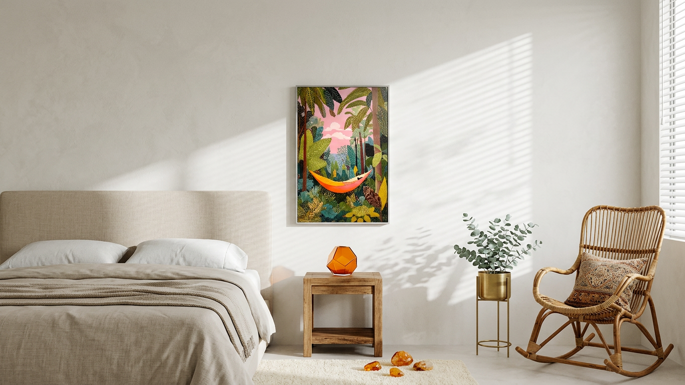 Ethereal & Serene Hammock in Jungle Art | Goldenrod & Emerald Tones | Jungle escape, peaceful dream | Gift for Relaxation Seekers | Digital Download
