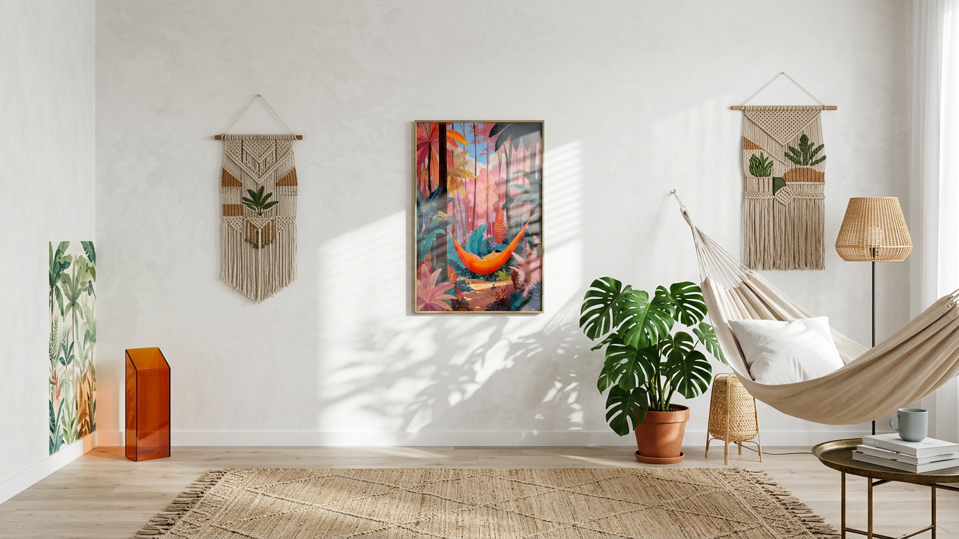 Teal & Coral Hammock in Jungle Painting | Naive Style | Living Room Decor | Digital Download,