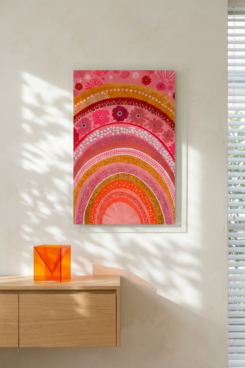 Rose & Terracotta Floral Rainbow Painting | Naive Style | Whimsical Home Decor | Digital Download