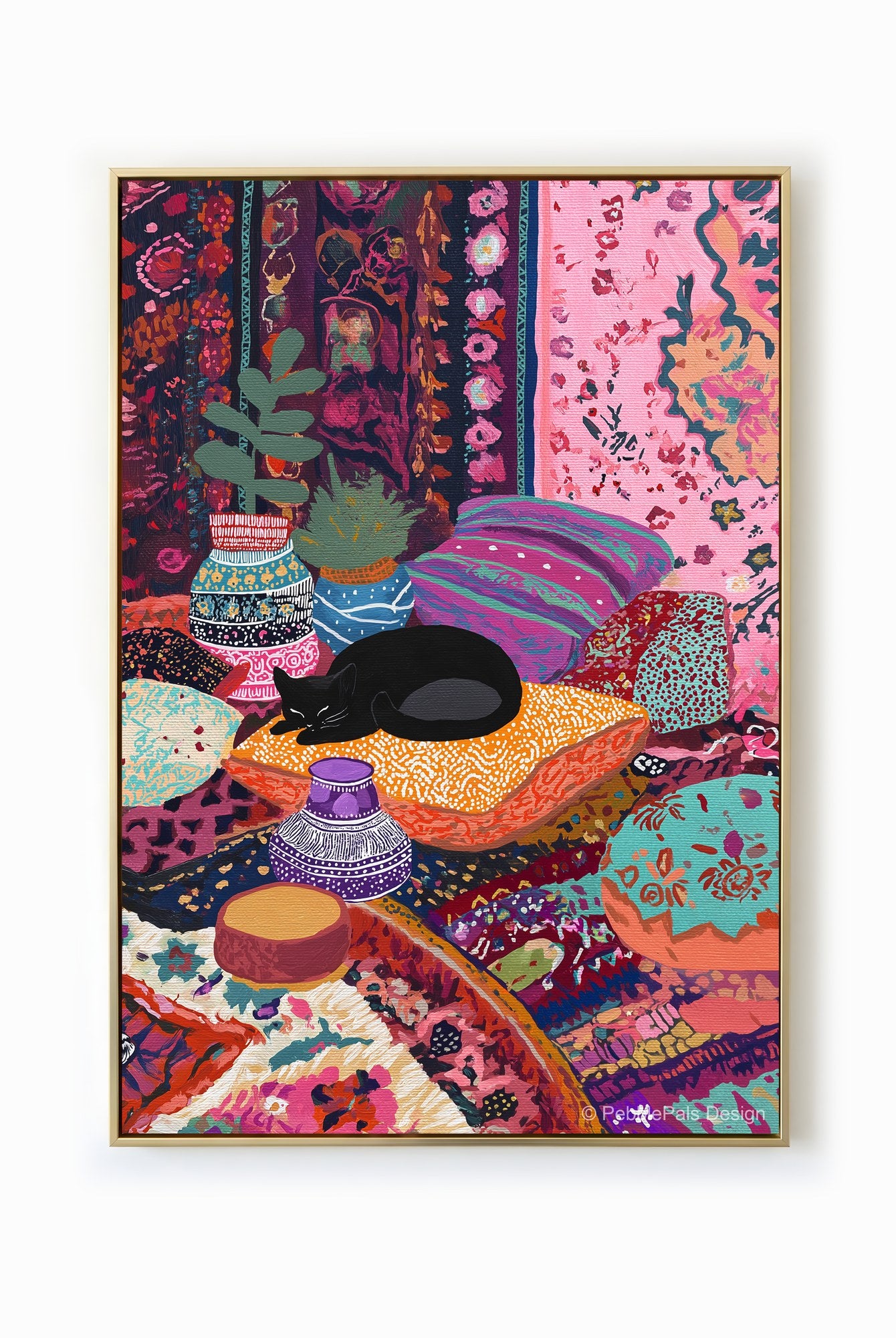 A bohemian-style painting of a black cat asleep on a colorful cushion, surrounded by vibrant textiles and potted plants.