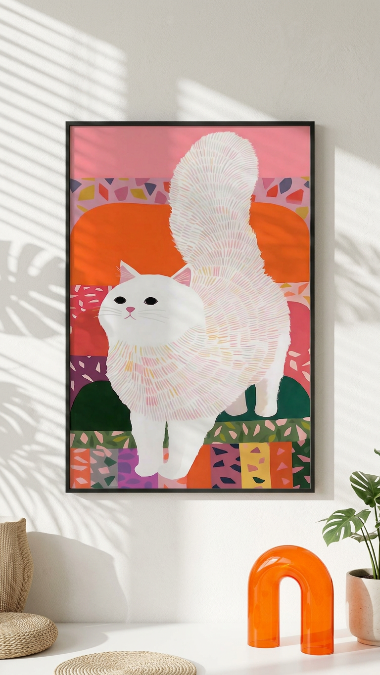 "Whispers of White Velvet" Ethereal & Gentle White Fluffy Cat Art | Pastel Pink & Orange Tones | Serenity in Feline Form | Gift for Cat Lovers | Digital Download