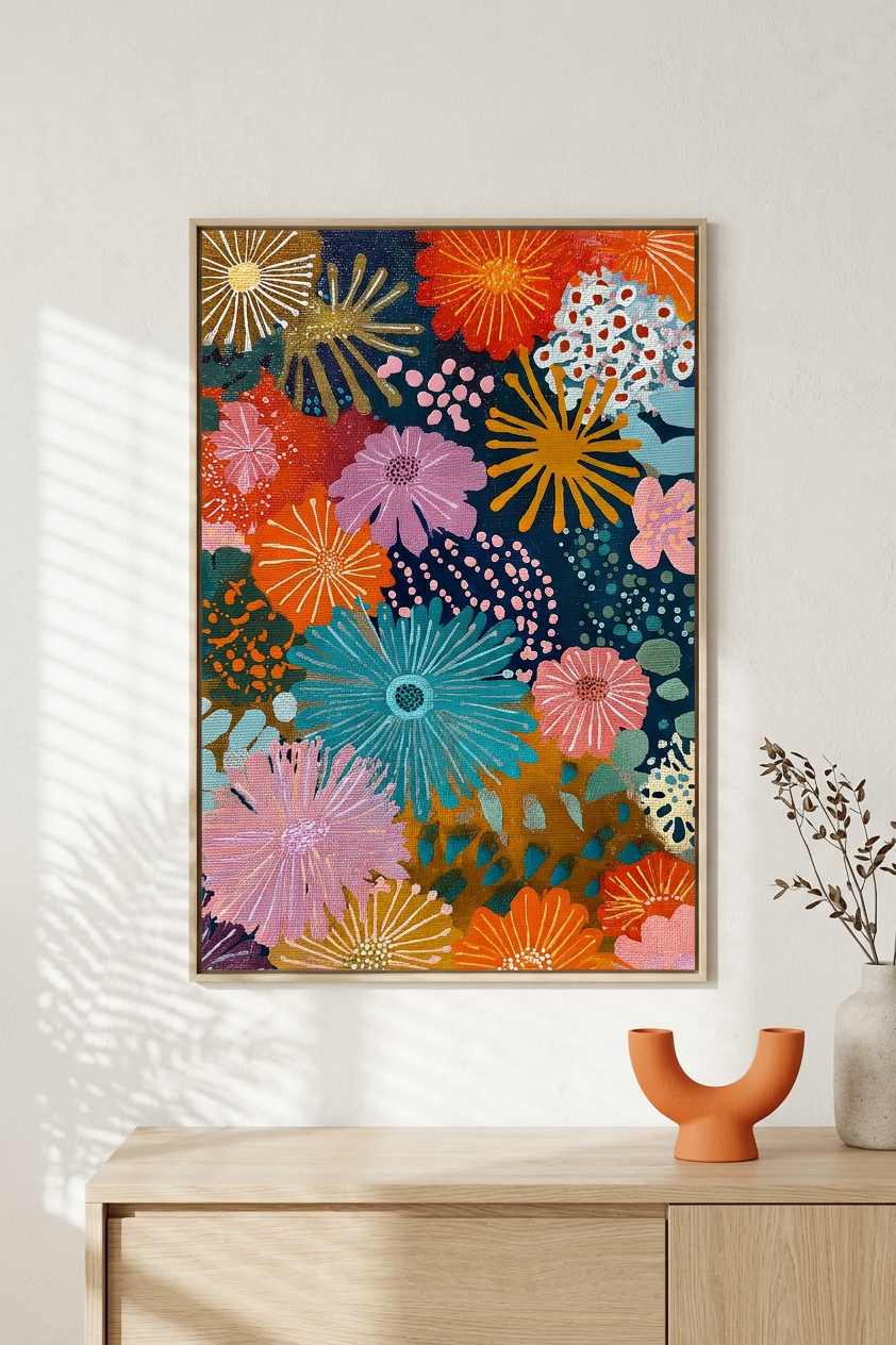 Ethereal & Joyful Floral Abundance Art | Teal & Coral Tones | Vibrant, joyful floral dream | Gift for Nature Lovers | Digital Download