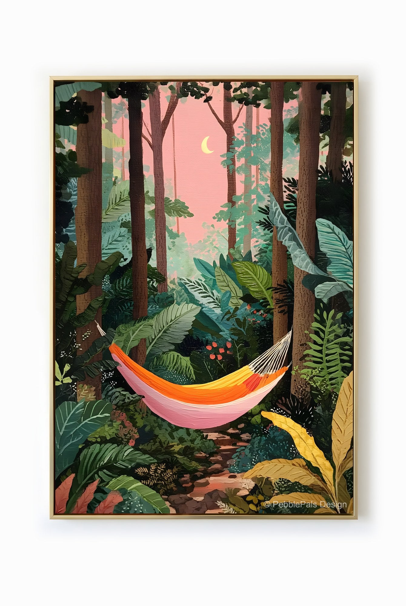 Naive painting of a hammock strung between trees in a lush jungle with a pink sky.