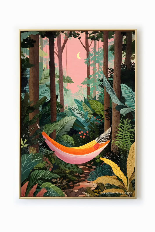 Naive painting of a hammock strung between trees in a lush jungle with a pink sky.