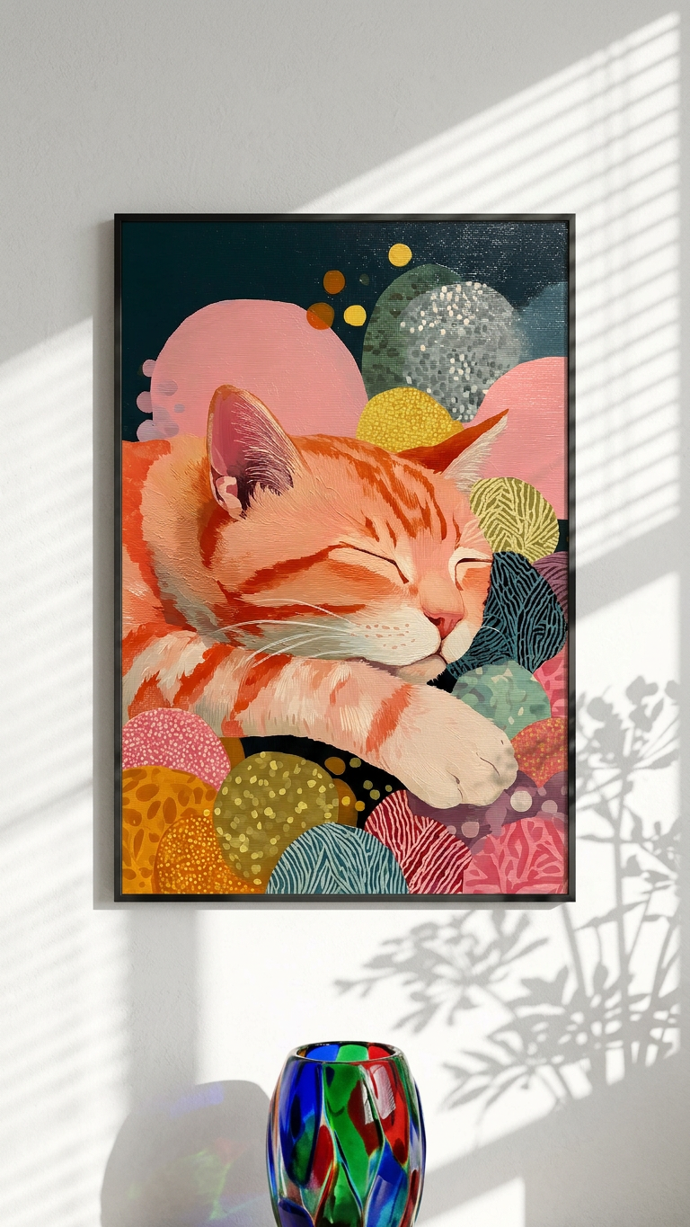 Whimsical & Serene Sleeping Ginger Cat Art | Coral & Teal Tones | Ethereal feline tranquility | Gift for Cat Lovers | Digital Download