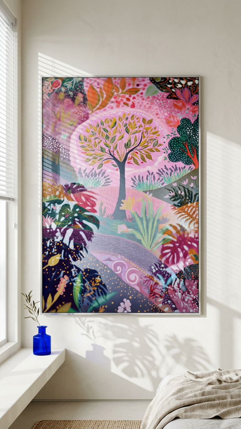 Ethereal & Joyful Whimsical Landscape Art | Pastel Pink & Emerald Tones | Ethereal bloom, joyful tranquility | Gift for Nature Lovers | Digital Download
