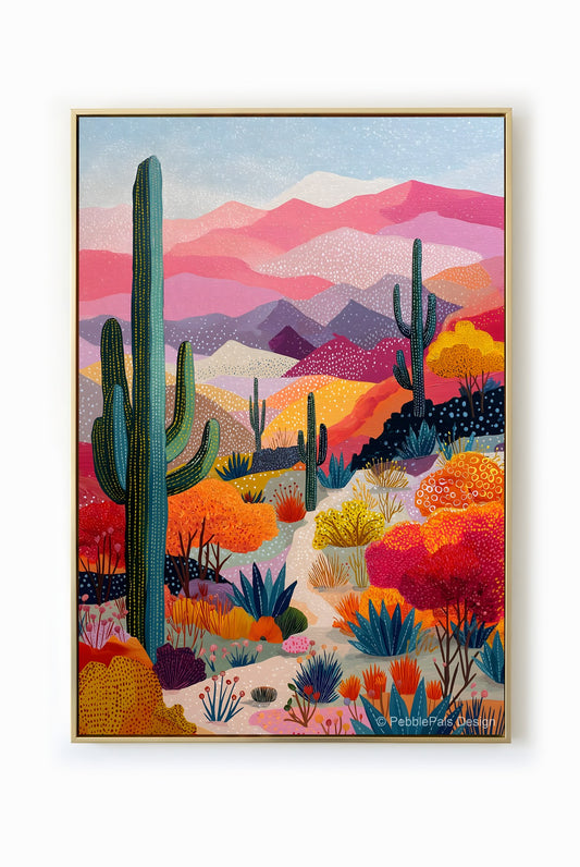 A vibrant and ethereal naive painting of a desert landscape with tall cacti and colorful mountains.