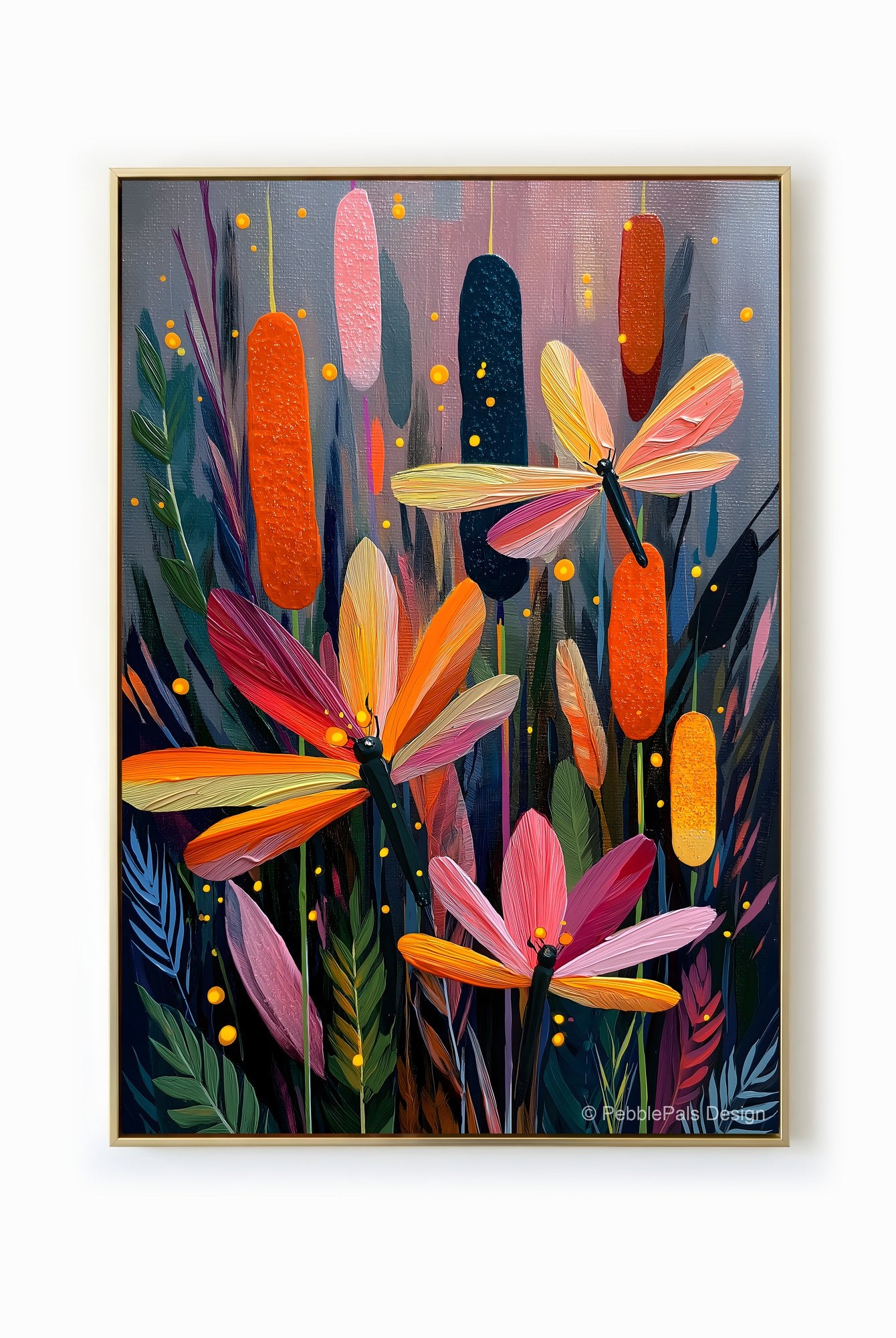 Expressionist painting of dragonflies and reeds in a vibrant, whimsical style with orange and pink hues.