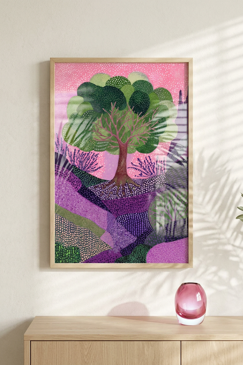 Ethereal & Joyful Whimsical Landscape Art | Emerald & Lavender Tones | Enchanted, calming nature escape | Gift for Cat Lovers | Digital Download