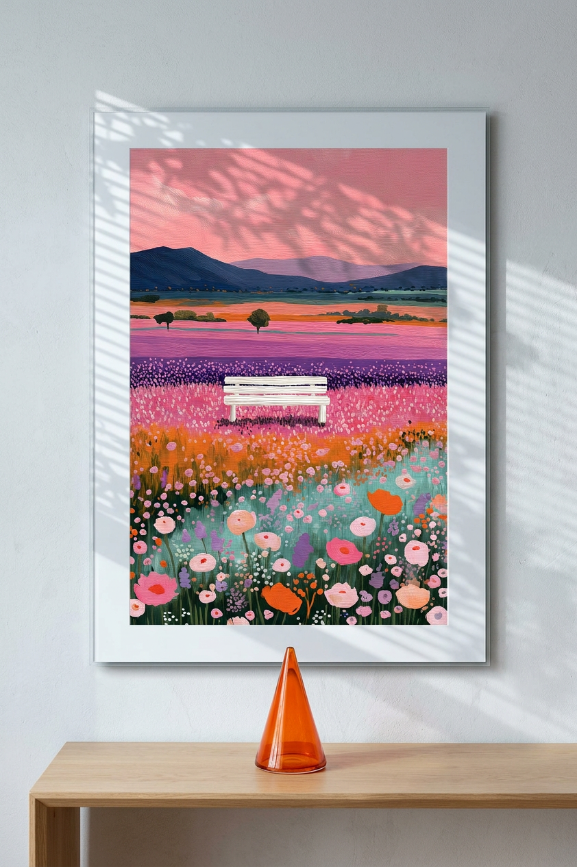 Rose Quartz & Lavender Flower Field Bench Painting | Impressionist Style | Sunroom Retreat Decor | Digital Download