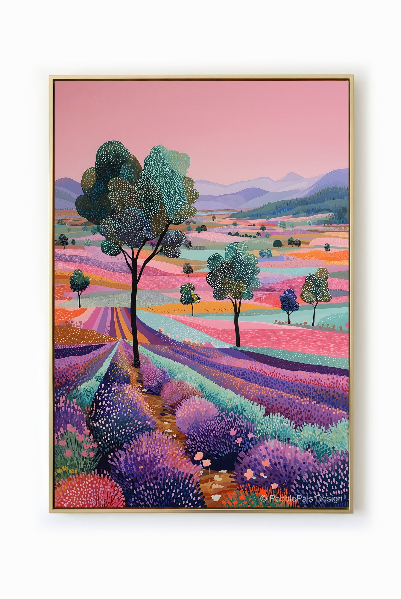 Naive art painting of a lavender field with pastel pink sky and rolling hills
