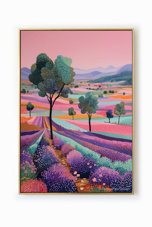 Naive art painting of a lavender field with pastel pink sky and rolling hills
