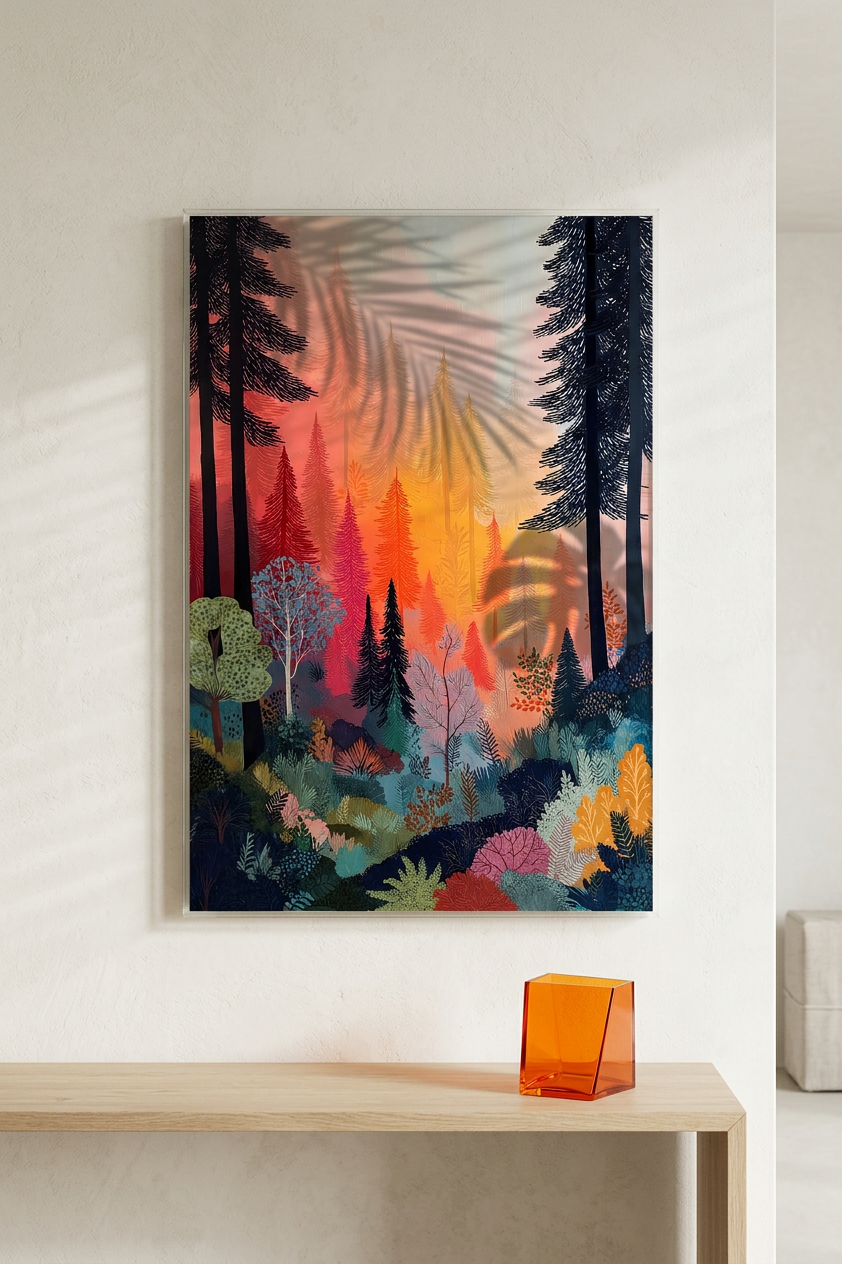 Fiery Orange & Teal Forest Vista Painting | Expressionism Style | Living Room Decor | Digital Download