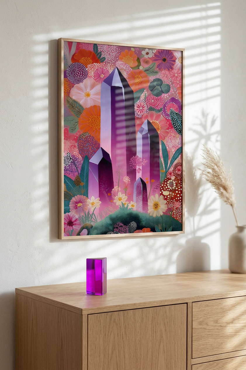 Ethereal & Radiant Amethyst Crystals Art | Amethyst & Floral Burst Tones | Healing crystal garden | Digital Download,