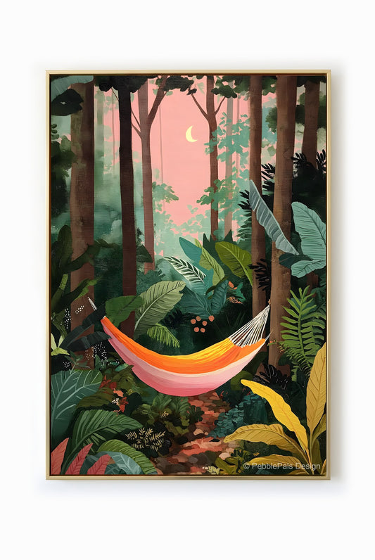 A naive painting of a colorful hammock nestled between lush green foliage under a pastel sunset sky.
