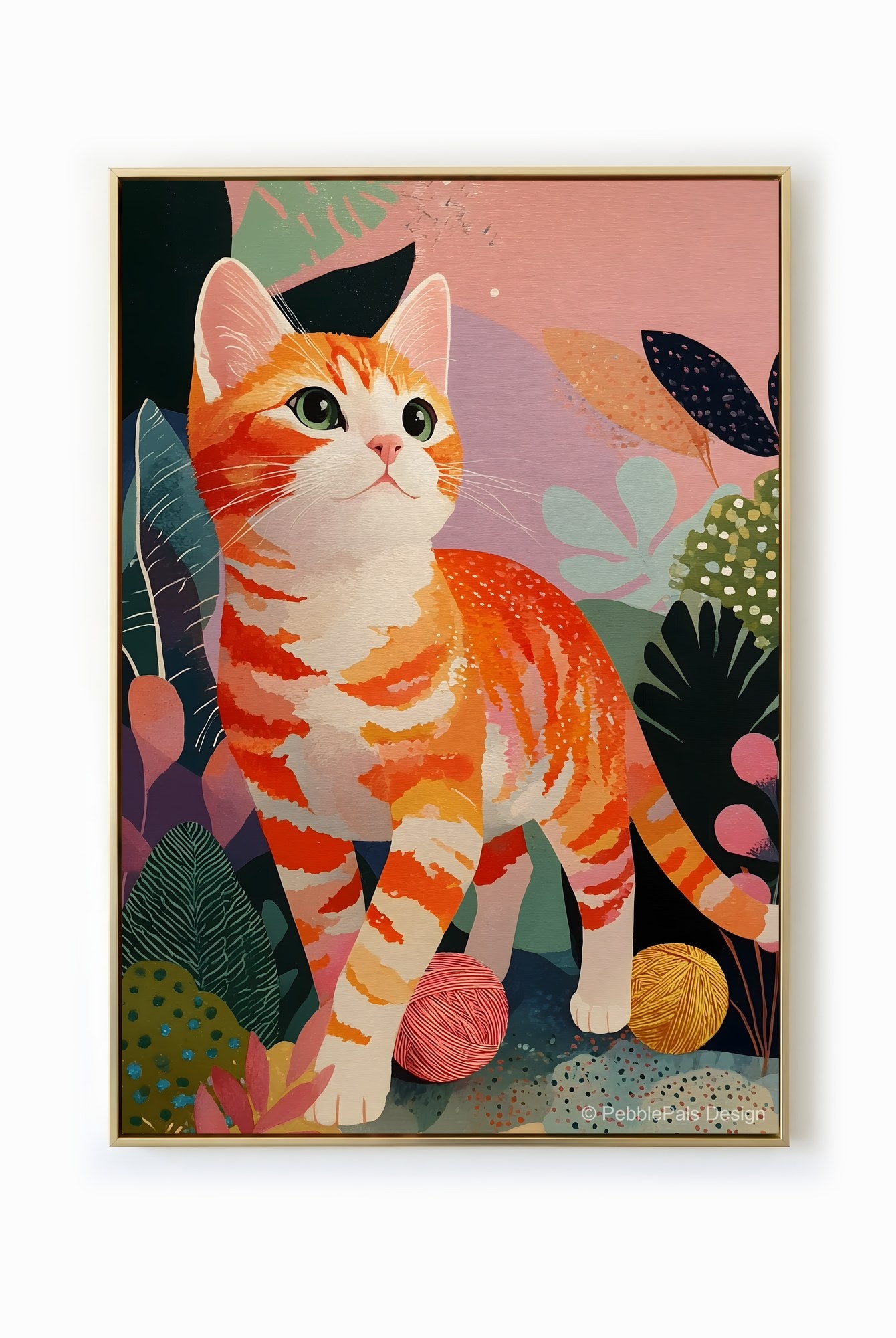 A whimsical naive painting of a ginger tabby cat surrounded by colorful foliage and playful yarn balls.