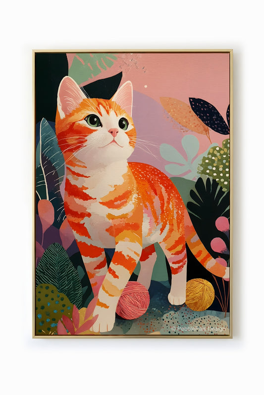 A whimsical naive painting of a ginger tabby cat surrounded by colorful foliage and playful yarn balls.