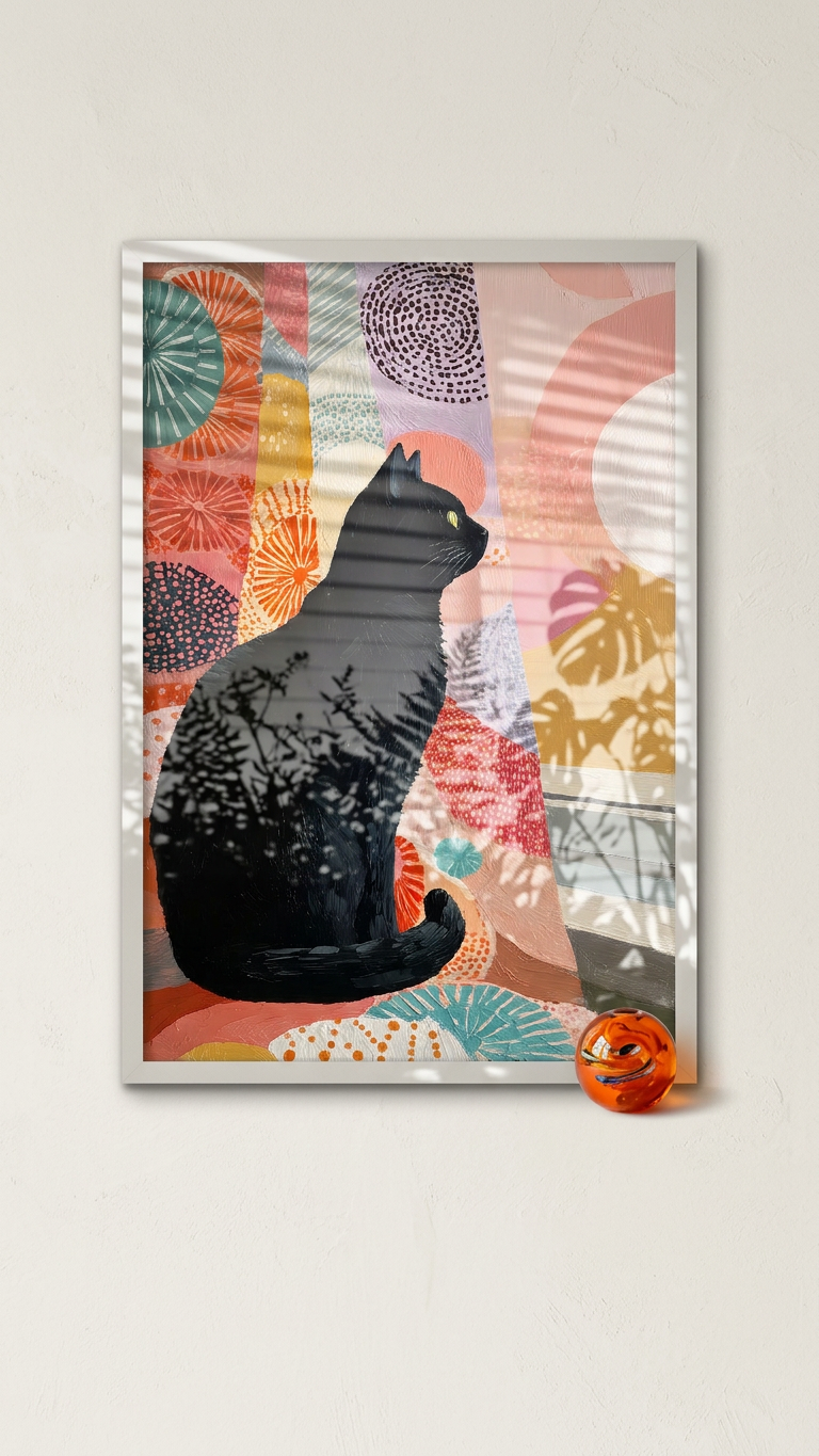 Whimsical & Serene Black Cat Art | Coral & Charcoal Tones | Serenity meets playful design | Gift for Cat Lovers | Digital Download