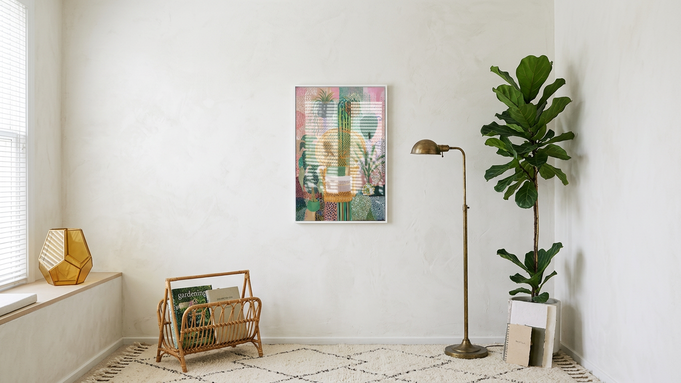 Olive & Peach Wicker Chair & Plants Painting | Naive Style | Sunroom Decor | Digital Download,