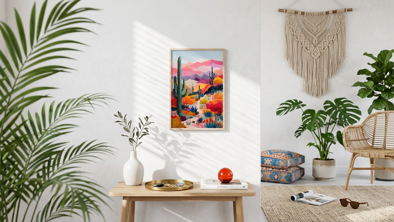 Rose & Teal Desert Landscape Painting | Naive Style | Living Room Decor | Digital Download