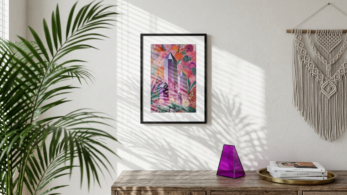 Ethereal & Radiant Amethyst Crystals Art | Amethyst & Floral Burst Tones | Healing crystal garden | Digital Download,