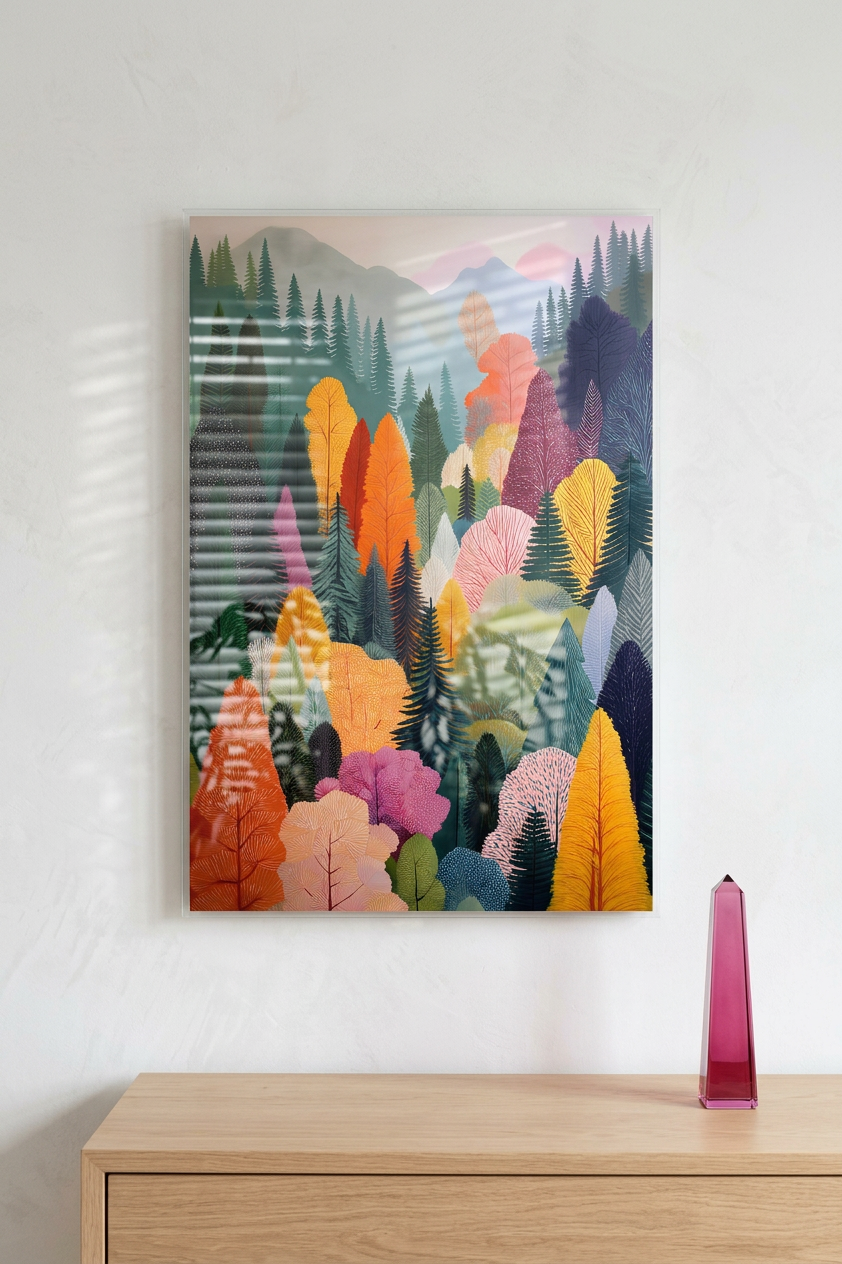 Emerald & Sunset Orange Colorful Forest Canopy Painting | Naive Style | Living Room Decor | Digital Download