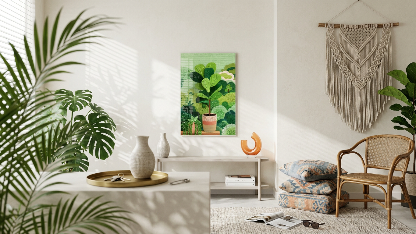 Ethereal & Lush Fiddle Leaf Fig Art | Emerald & Terracotta Tones | Indoor oasis of calm | Gift for Cat Lovers | Digital Download
