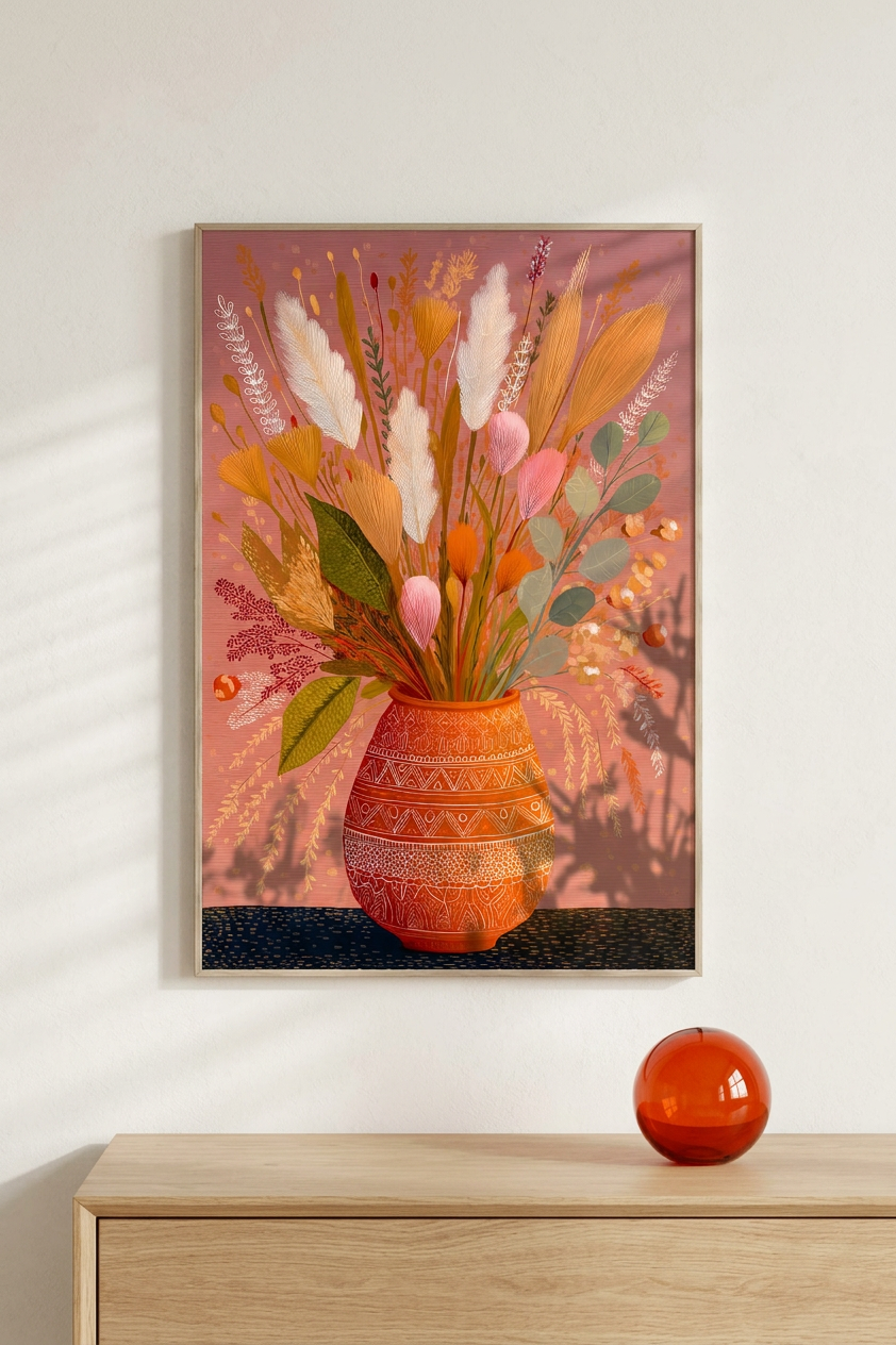 Burnt Orange & Wheat Boho Floral Arrangement Painting | Bohemian Style | Living Room Decor | Digital Download