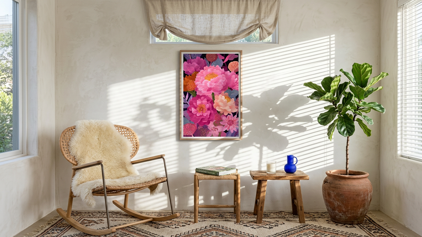 Fuchsia & Apricot Floral Abundance Painting | Botanical Style | Elegant Living Room Decor | Digital Download