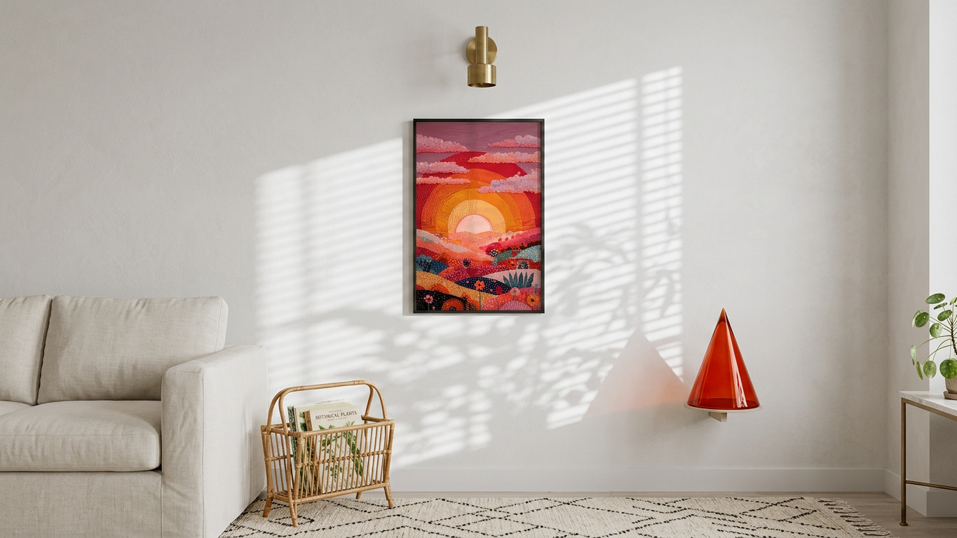 Fiery Orange & Rose Vibrant Sunset Vista Painting | Textural Impressionism Style | Sunlit Living Room Decor | Digital Download