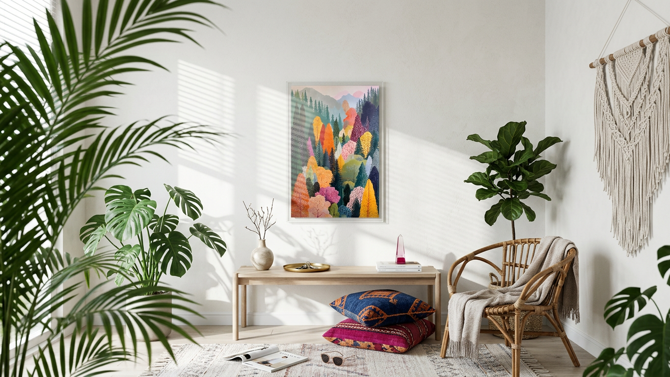 Emerald & Sunset Orange Colorful Forest Canopy Painting | Naive Style | Living Room Decor | Digital Download