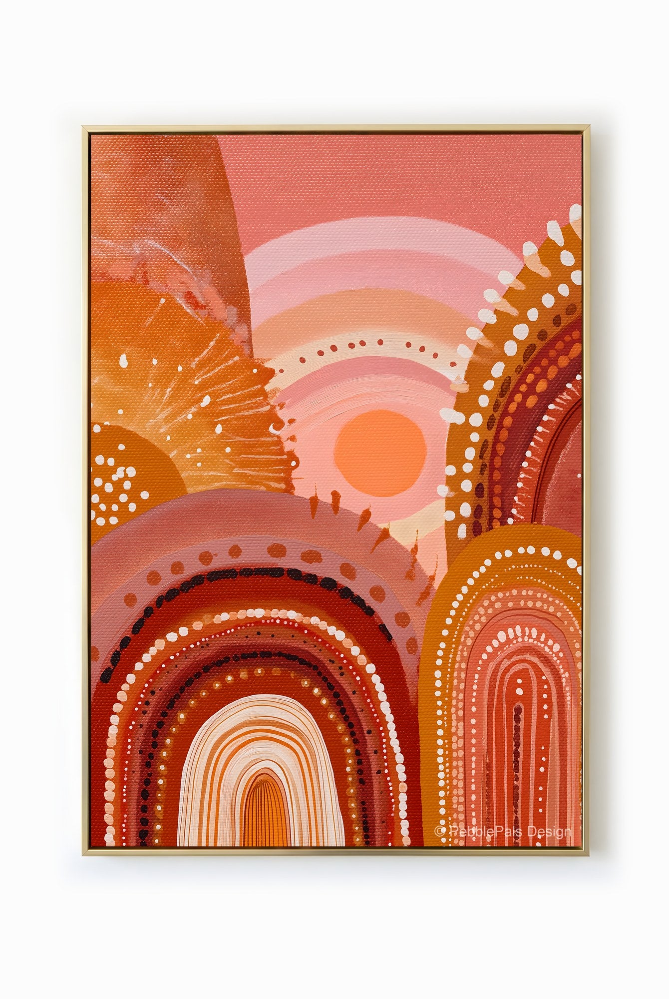 Aboriginal inspired painting featuring earth-toned arches and dot work, evoking ancestral connection.