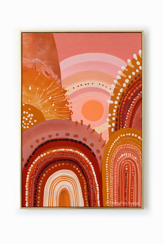 Aboriginal inspired painting featuring earth-toned arches and dot work, evoking ancestral connection.