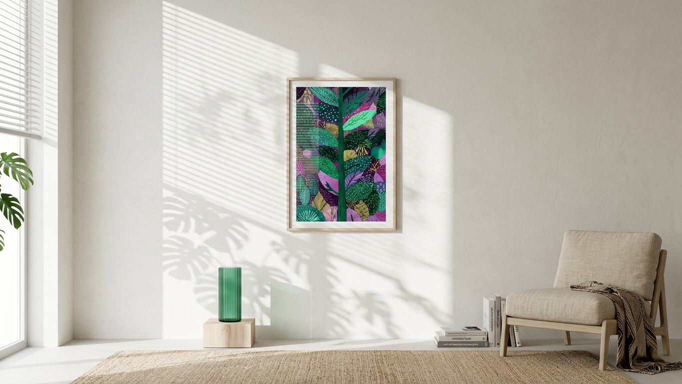 Emerald & Lilac Botanical Canopy Painting | Nature-Inspired Style | Sunroom Decor | Digital Download