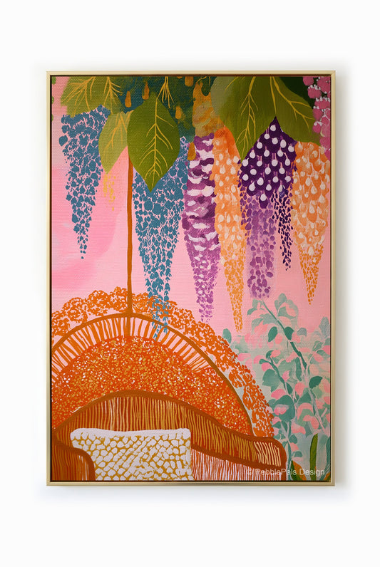 A naive art painting of wisteria blossoms with orange furniture against a pink background, conveying a sense of serenity and peace.