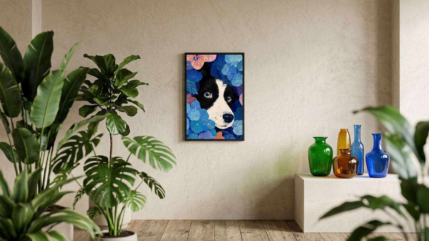Ethereal & Heartfelt Border Collie Puppy Art | Sapphire & Peach Tones | Whimsical canine floral portrait | Gift for Dog Lovers | Digital Download