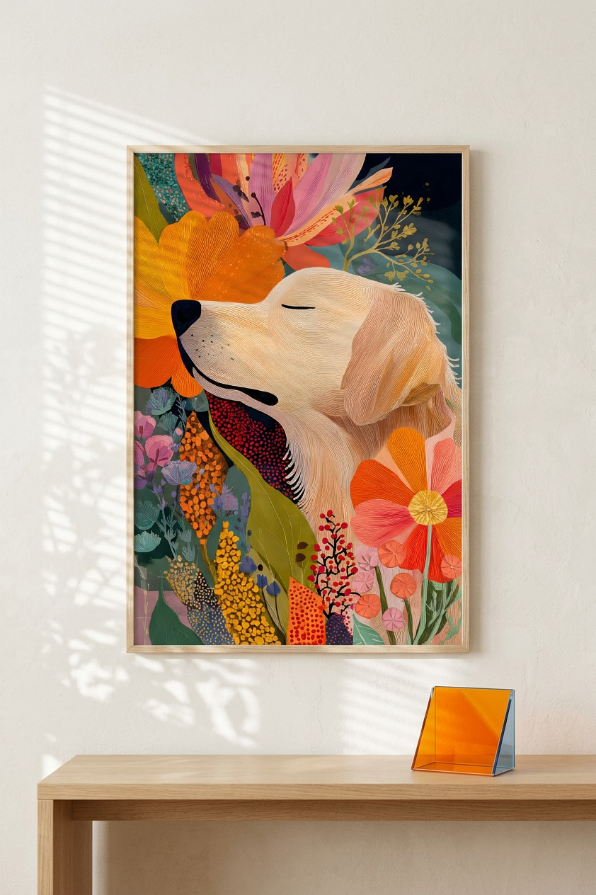 Tangerine & Apricot Golden Retriever Painting | Whimsical Style | Sunlit Living Room Decor | Digital Download