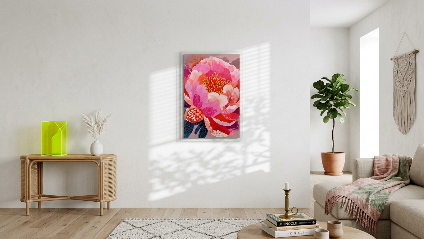Pink, Coral & Gold Peony Bloom Painting | Impressionist Style | Living Room Decor | Digital Download,