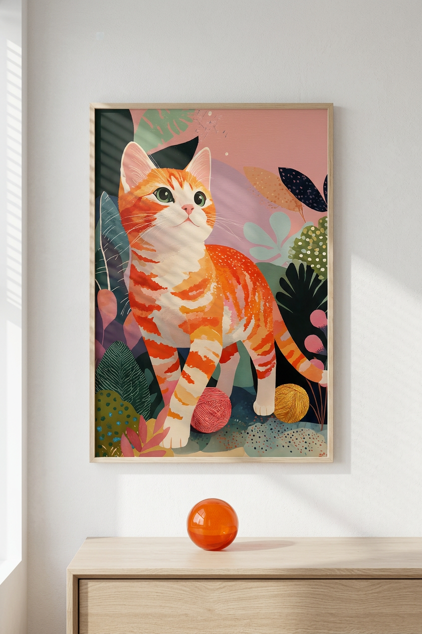 Tangerine & Emerald Ginger Tabby Cat Painting | Naive Style | Whimsical Home Decor | Digital Download