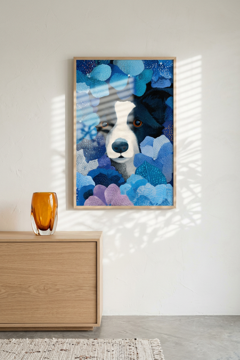 Cobalt & Lavender Border Collie in Blooms Painting | Illustrative Style | Serene Bedroom Decor | Digital Download