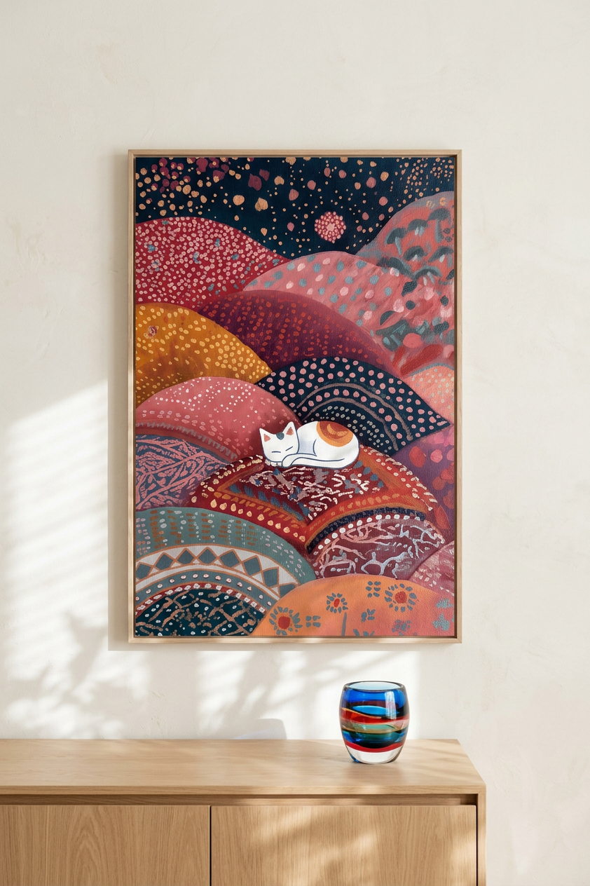 Whimsical & Comforting Sleeping White Cat Art | Crimson & Mustard Tones | Serenity in patterned dreams | Gift for Cat Lovers | Digital Download