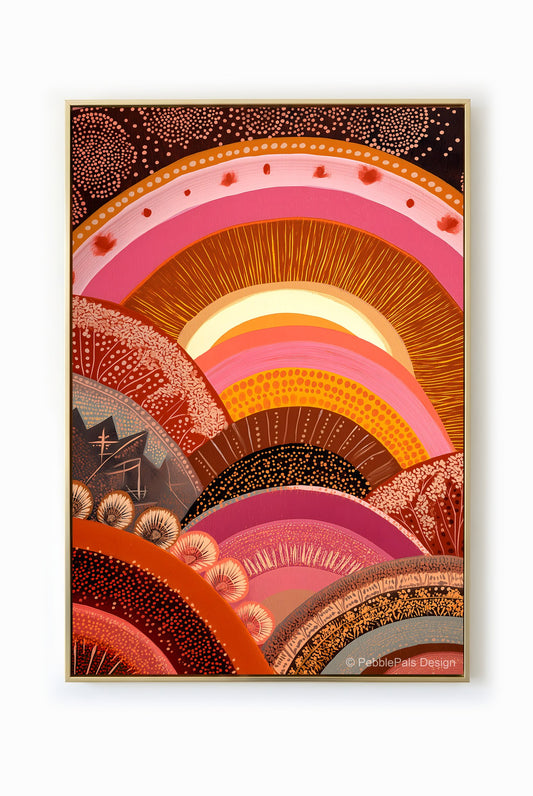 Bohemian landscape painting with layered hills in warm earthy tones, evoking a sense of harmony and meditation.