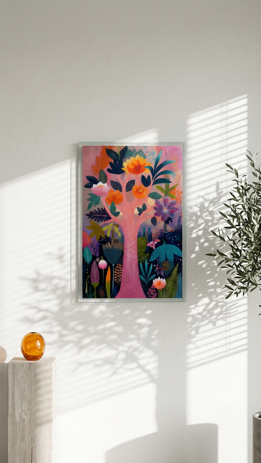 Coral & Teal Blossom Tree Painting | Botanical Style | Sunlit Living Room Decor | Digital Download